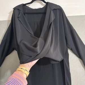 Black Draped Front Wrap Blouse Long Sleeve High Low Top L goth Whimsical grunge